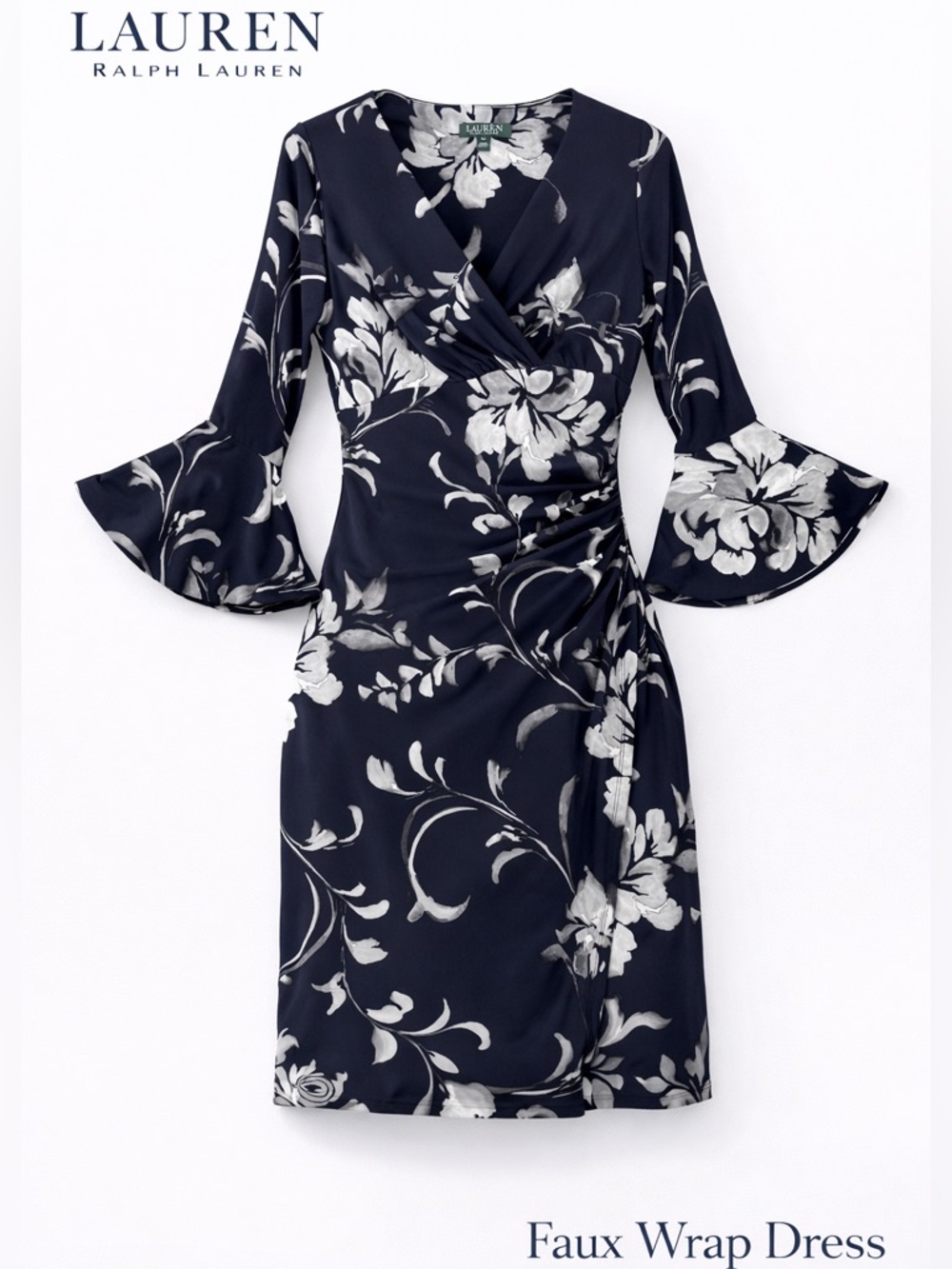 Ralph Lauren Navy and White Floral Faux-Wrap Midi Dress
